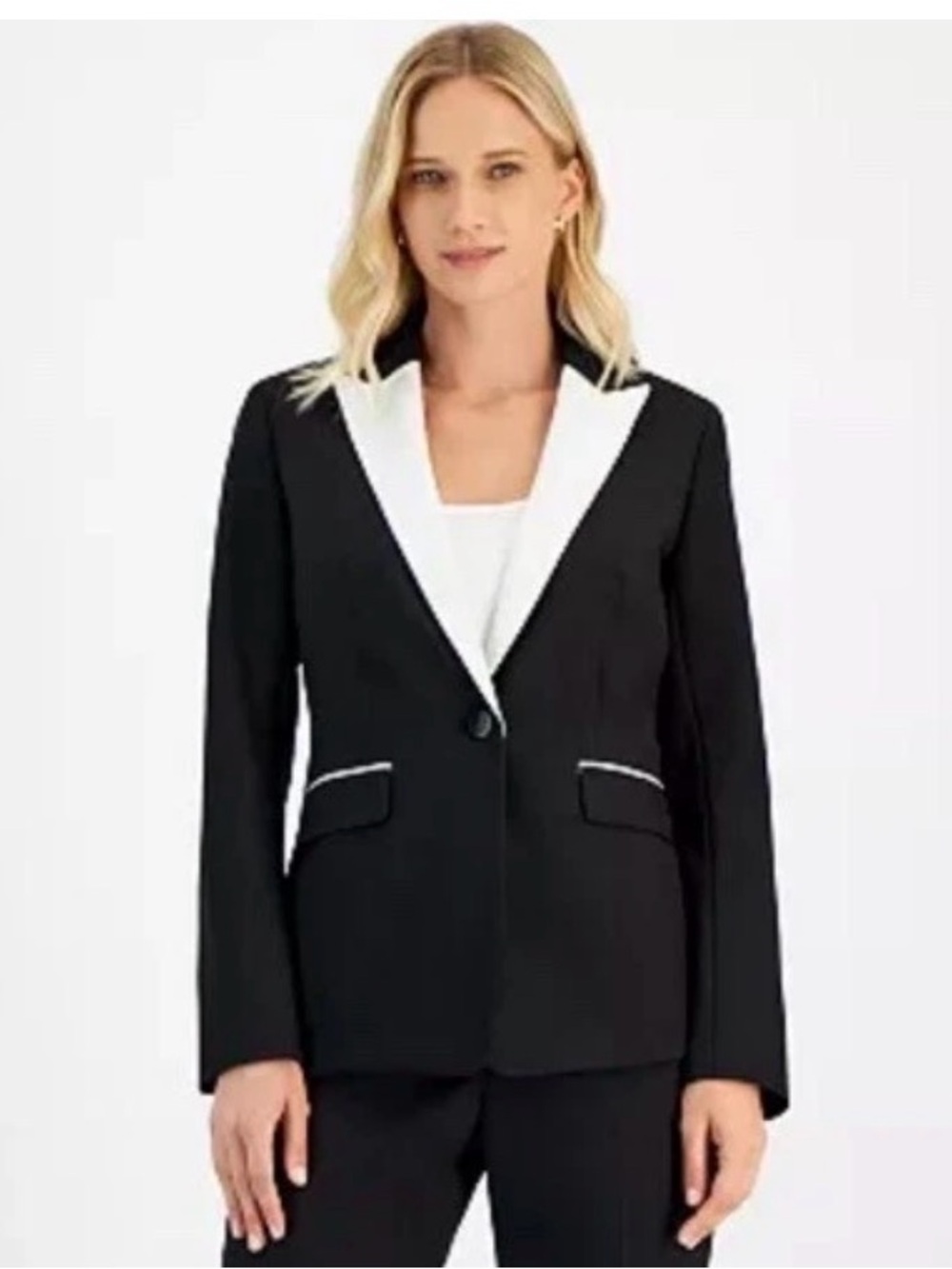 Le Suit Women’s One-Button Contrast-Lapel Suit Jacket Black/white Size 16
